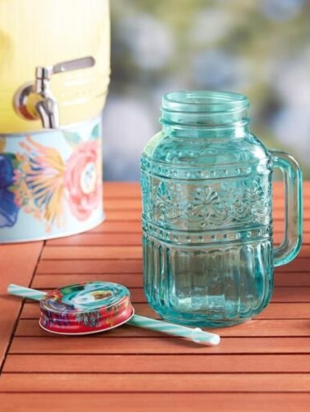 New Pioneer Woman Teal Embossed 32oz Glass Mason Tumbler Mug with Handle
